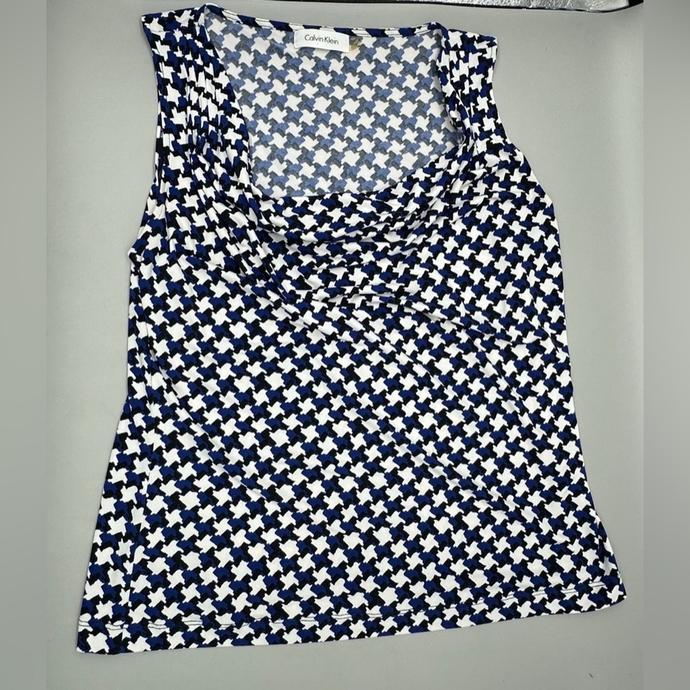 Calvin Klein Black Blue and White Ruched Sleeveless Top